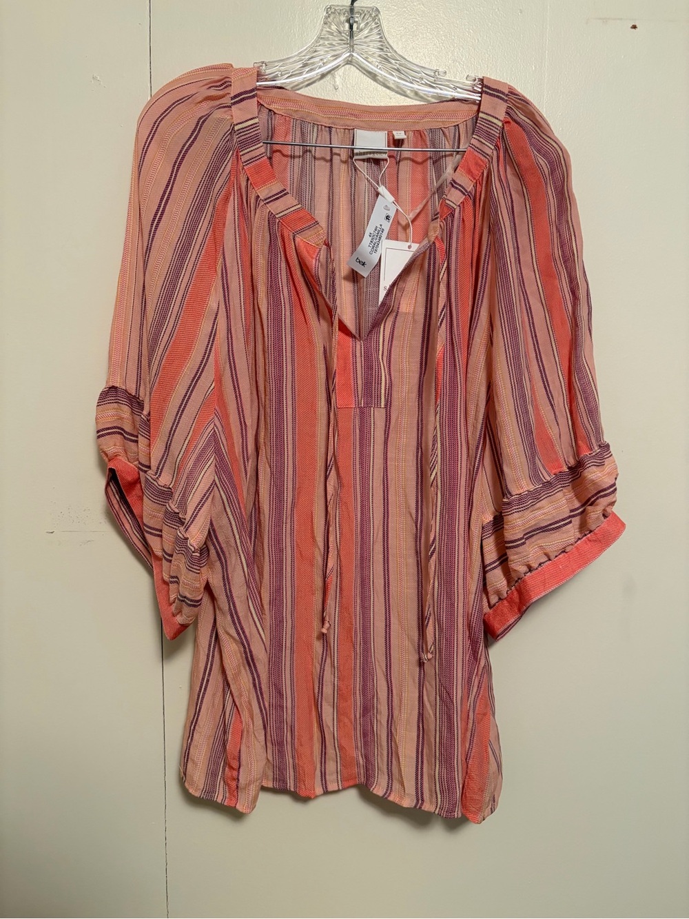 Sharagano Striped Tunic Blouse - Coral & Purple
